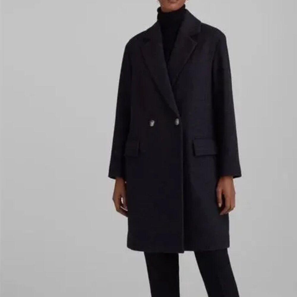 Club Monaco Black Relaxed Double Breasted Wool Coat Size Medium